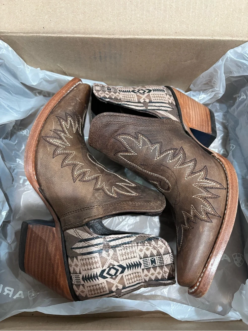 Ariat Brown Western Heeled Ankle Boots with Aztec Print - Picture 1 of 5